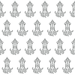 Seamless vector pattern of squids in black and white graphic style