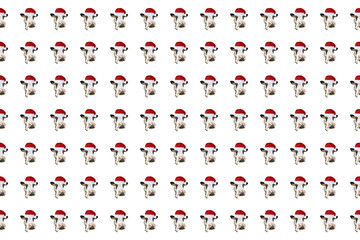 Funny cow isolated in Christmas hat pattern.