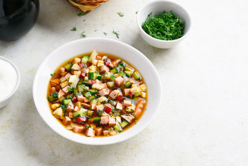 Traditional cold russian Okroshka soup