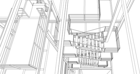 Industrial building .Modern industrial interior with stairway. Architectural 3D background. Vector blueprint.