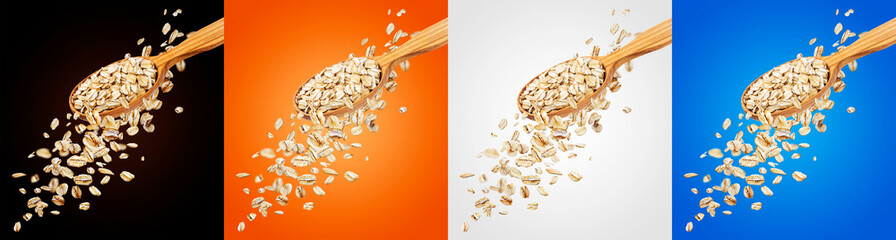 Collection of oatmeal cereals, falling oat flakes in spoon