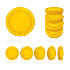 Golden coins in different positions. Set of golden coins in rotation. Vector illustration isolated on white background. Part of set. 