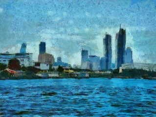 The landscape of the Chao Phraya River Bangkok Illustrations creates an impressionist style of painting.