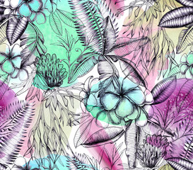 
Tropical black and white print with watercolor color spots. Tropical background with flowers and leaves.