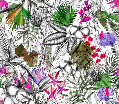 
Tropical black and white print with watercolor color spots. Tropical background with flowers and leaves.