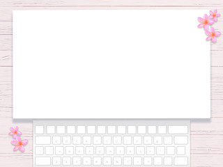 板（ウッドデッキ）の上のメッセージボード、キーボードとプルメリアの花のバックグラウンド
