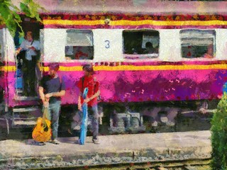 Train and passenger station landscape Illustrations creates an impressionist style of painting.