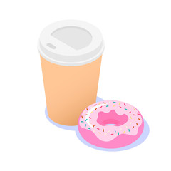 Isolated pink donut with icing and a cup of coffee on a white background.