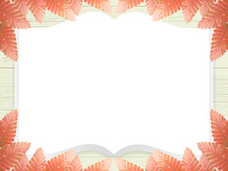 板（ウッドデッキ）の上の本、ノートとオレンジ色の葉のバックグラウンド