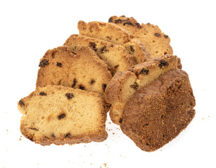 Raisin cake, dusted with icing sugar. Cupcake with raisins on white background
