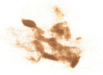 pile cinnamon powder isolated on white background, with top view