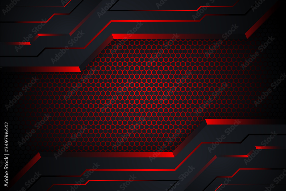 Poster red and black abstract corporate banner design with hexagon texture. vector technology background. h