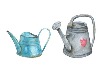 Set of two old village watering cans. Watercolor hand draw illustration. © KattarinaPo