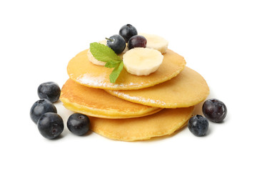 Tasty pancakes with fruits isolated on white background