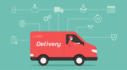 Delivery of goods concept, man drives van service during the prevention of Covid-19. Courier wear face mask and glove. Quarantine, stay home and new normal concept, vector flat illustration © ST.art