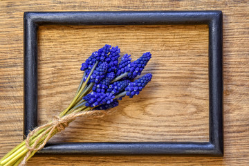 Bouquet of blue spring hyacinths tied with twine. Spring flowers inside rectangular black frame on old rustic wooden background. Nice present concept. Top view, flat lay. Copy space. Horizontal photo.