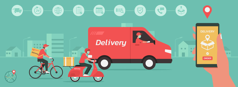 Delivery man on van and bike on the way to customer home. Hand using phone with mobile app for online delivery tracking order service concept. Technology logistic, new normal, vector flat illustration