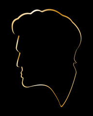 Portrait of a man in profile. Golden outline on a black background. Element for your design