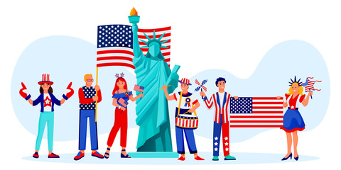 Celebrating 4th of July, USA Independence Day. Vector cartoon character illustration. Happy people in patriotic costumes