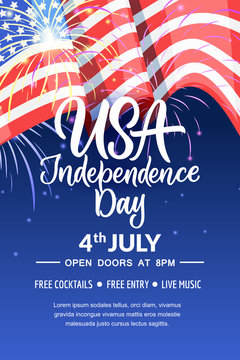 4th of July, USA Independence Day. Vector holiday poster, banner background with american flag and calligraphy lettering