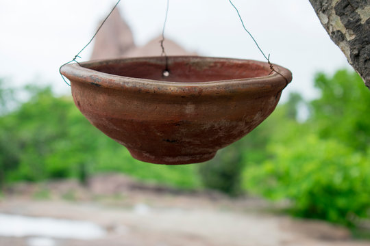water in clay pot for birds in hot summer