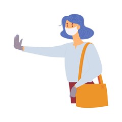 Young woman in protective face mask with stop gesture. Casual clothes, annoyed face