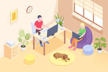 Online work, couple freelance home office, vector isometric design. Woman working from home on laptop, remote online work and education, man freelancer at computer table in room, quarantine isolation