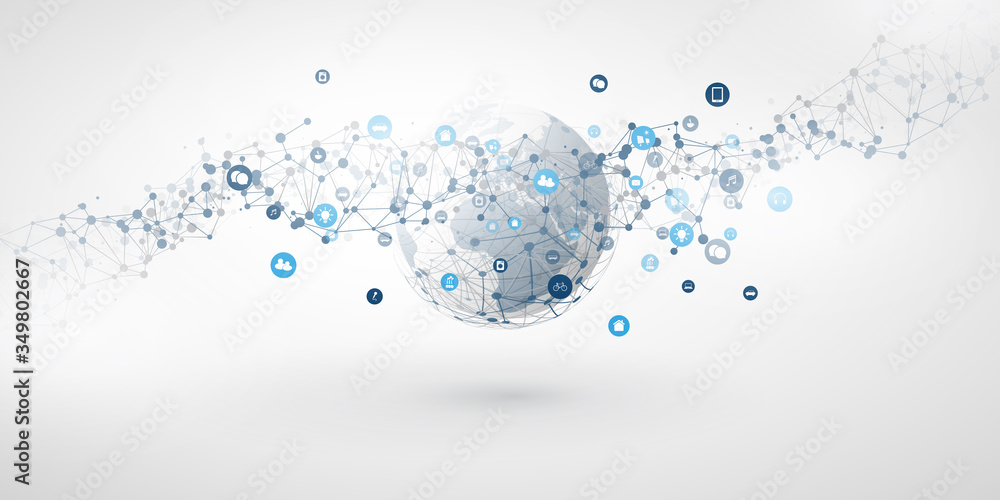 Poster internet of things, cloud computing design concept with earth globe, wireframe and icons - global di