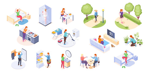 Woman daily life, home routine and everyday life, vector isometric icons. Woman daily leisure activity, morning wake up, breakfast, running in park, cooking and shopping, house cleaning and laundry