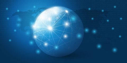 Abstract Blue Minimal Style Cloud Computing, Networks Structure, Telecommunications Concept Design, Network Connections, Transparent Sphere and Binary Code Background - Vector Illustration