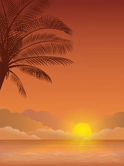 Vector illustration - Evening beach silhouette. Palm, sand, ocean on background. Sunset with palm leaves. 