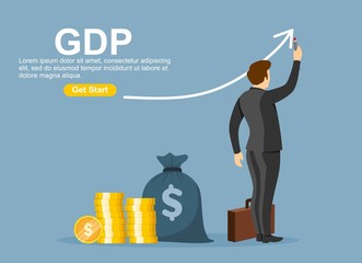 Growth GDP concept. Government budget, public spending. Businessman raises up arrow graphics. Increment in annual financial budget.