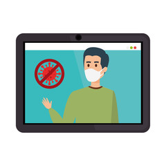 man in tablet device searching covid 19 information vector illustration design