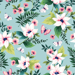 Seamless pattern with flowers. Watercolor illustration on a blue background. Design for textiles, souvenirs, fabrics, packaging and greeting cards and more.