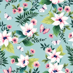Foto op Plexiglas Seamless pattern with flowers. Watercolor illustration on a blue background. Design for textiles, souvenirs, fabrics, packaging and greeting cards and more. © Anna