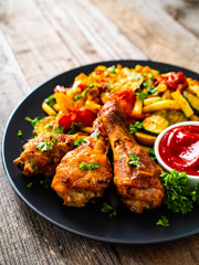 Barbecue chicken drumsticks with vegetables on wooden table
