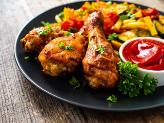Barbecue chicken drumsticks with vegetables on wooden table
