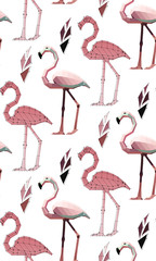 pattern of low poly flamingos with plants: flamingo with points, flamingo in colour , vector graphic  illustration on white background