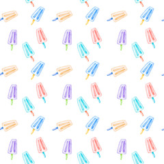 Watercolor hand drawn pattern with multicolored ice cream on the stick. Perfect for printing on the fabric, design package and cover