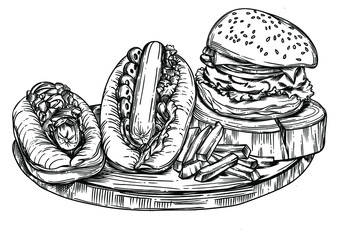
vector illustration of a set of burgers and hot dogs with detailed drawing