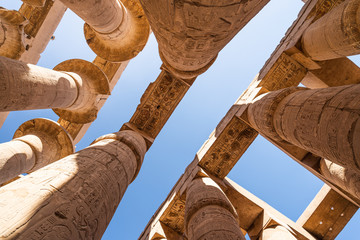 Stone column with Hieroglyphic in Karnak temple, biggest temple in the world in Luxor city, Upper...