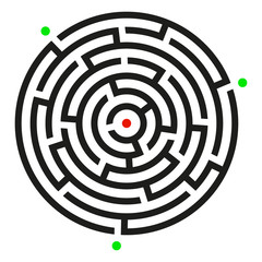 Black circle vector maze isolated on white background. Black labyrinth with three green entrances and red target. Vector maze icon. Labyrinth symbol. Circle puzzle