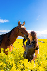 Fototapeta premium Young woman staying near brown horse in yellow rape or oilseed field with blue sky on background at sunny day. Horseback riding.
