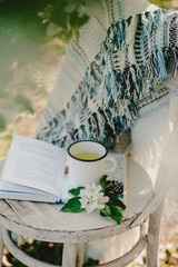 composition with a cup of tea with a plaid and a book on a chair on a background of wood. breakfast in nature