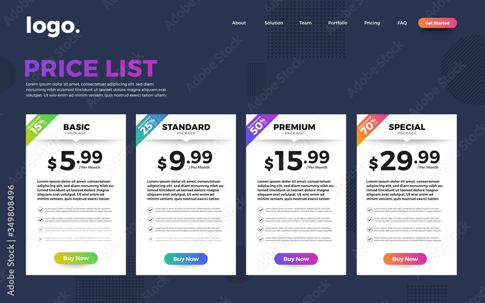 Aufkleber template design ux/ui price list. user interface panel product price package box and button buy now.