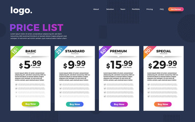 Template Design UX/UI price list. User interface panel product price package box and button buy now. Vector Illustrate.