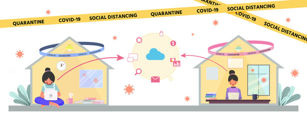 Young woman character quarantine herself at home and Work from home