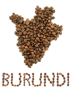 Map of Burundi made of roasted coffee beans isolated on white background. World of coffee conceptual image.