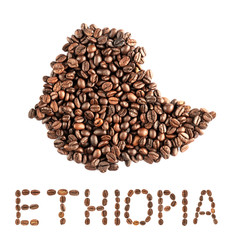 Map of Ethiopia made of roasted coffee beans isolated on white background. World of coffee conceptual image.