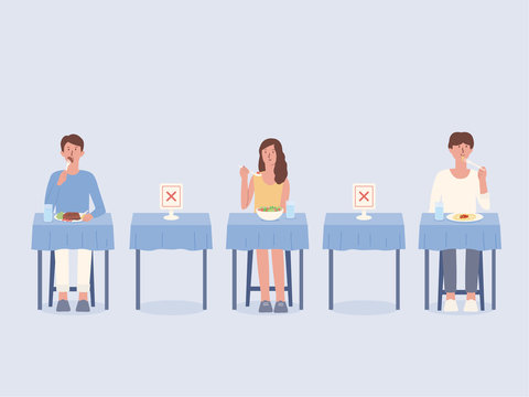 Peoples Eating Food Alone At Tables In The Restaurant. Arrangement Blank Space To Prevent And Stop Coronavirus Spread By Doing Social Distancing. Illustration About Physical Distancing And New Normal.